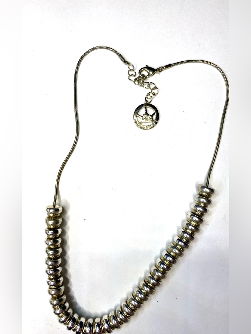 Silver-Tone Rondelle Bead Necklace with Logo Disc